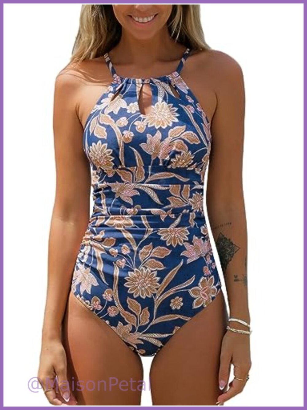 Women's One Piece Swimsuit High Neck Tummy Control Cutout Back